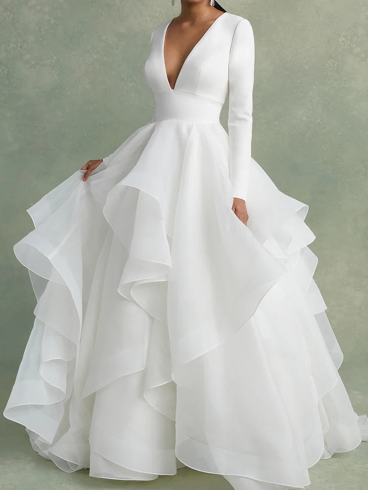 Wholesale A-Line/Princess V-Neck Floor-Length Ball-Gown Wedding Dress With Ruffles